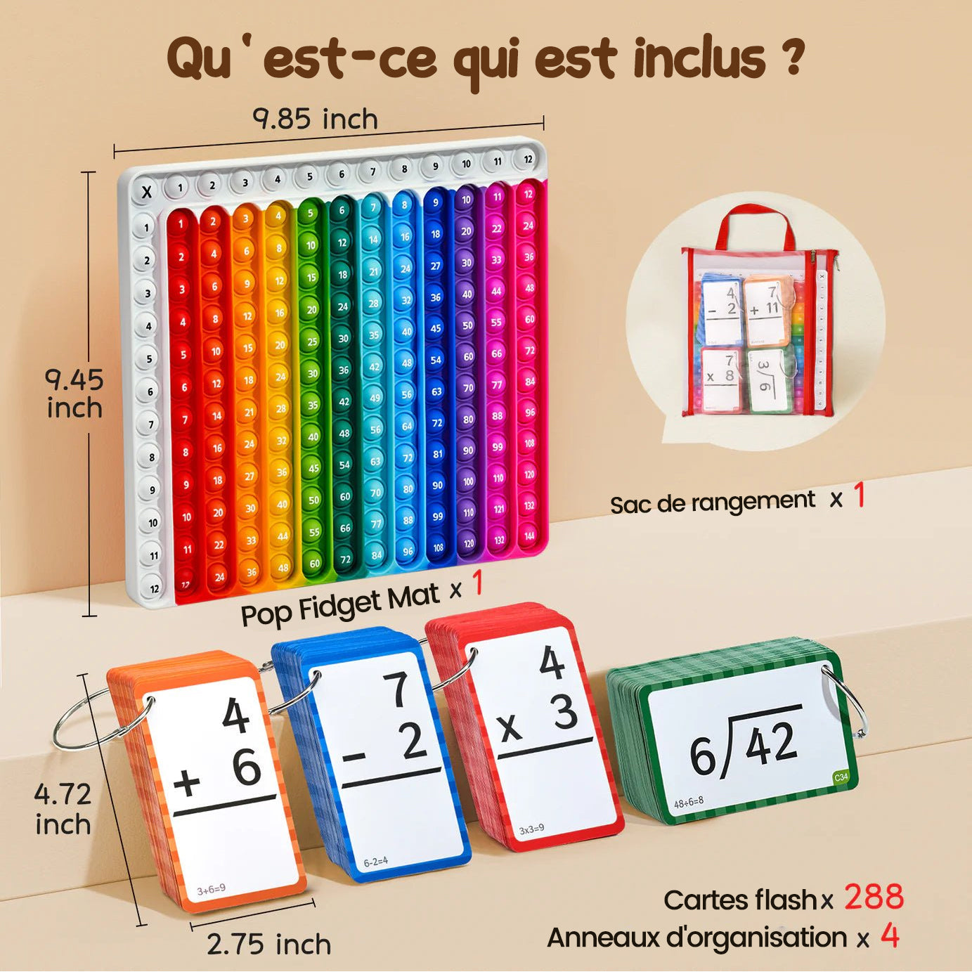 Cartes flash de mathématiques et tableau de fidget pop