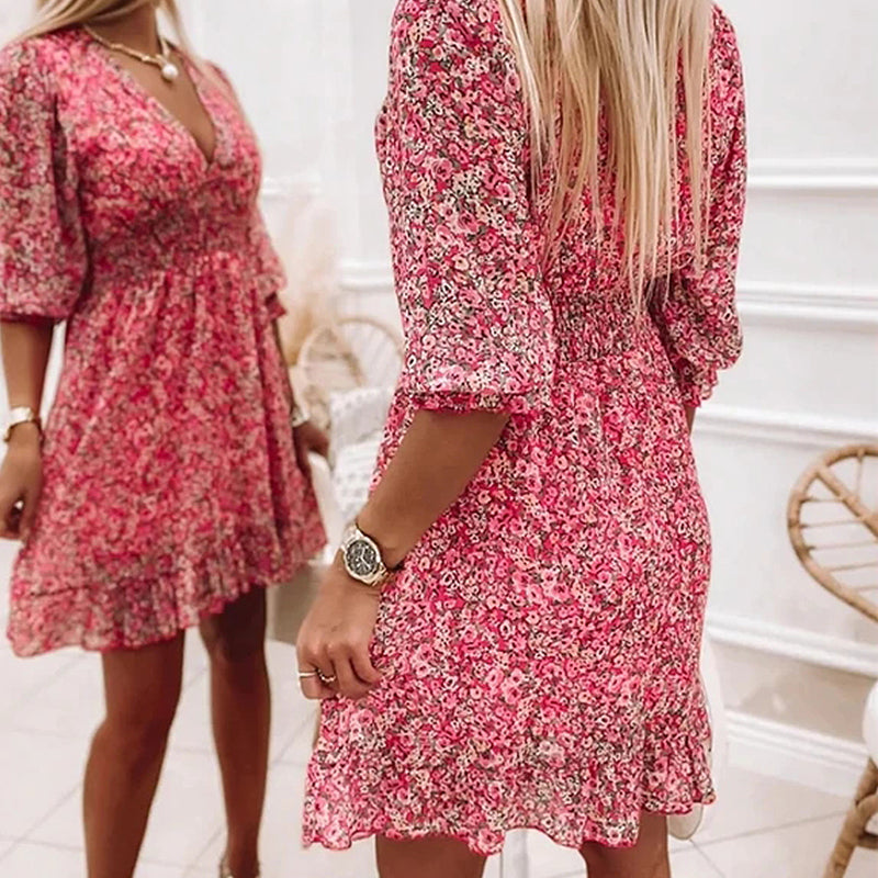 Robe Fleurie Taille Mi-haute à Manches Bouffantes Col en V