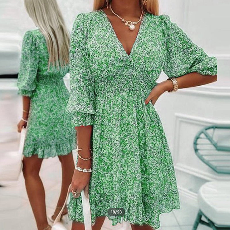 Robe Fleurie Taille Mi-haute à Manches Bouffantes Col en V