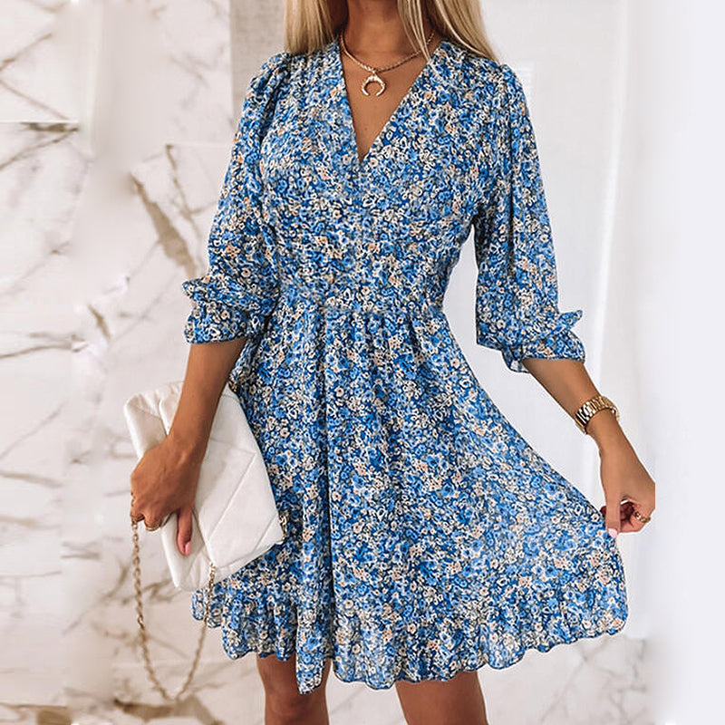 Robe Fleurie Taille Mi-haute à Manches Bouffantes Col en V