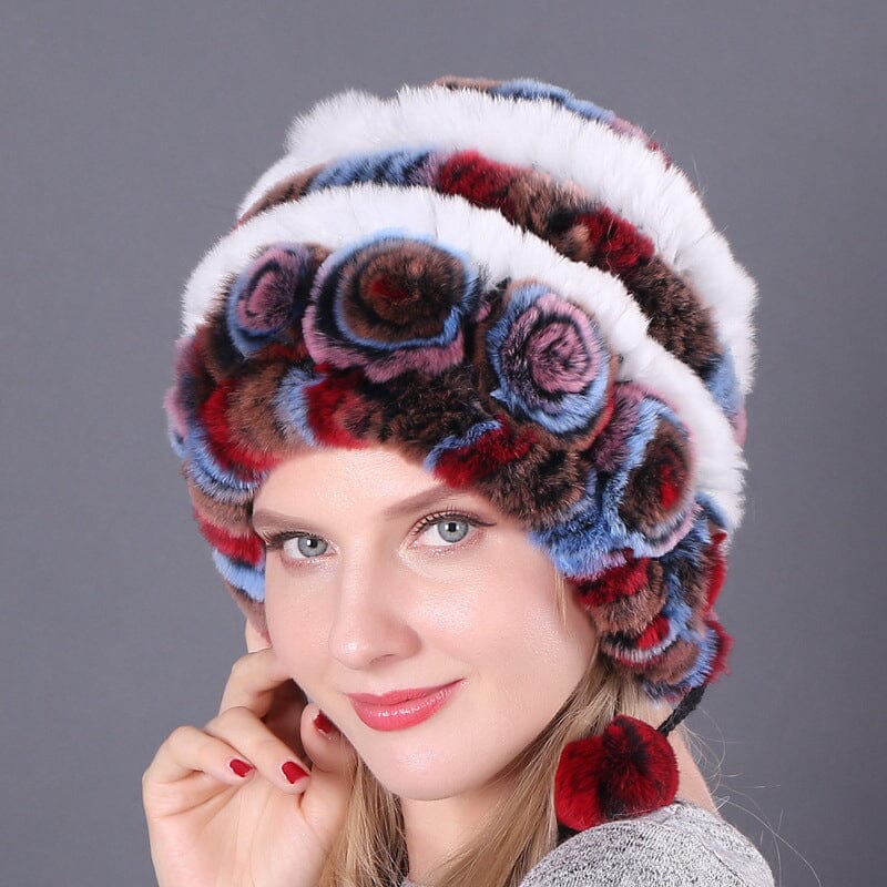 🎁Chapeaux en Vraie Fourrure de Lapin Rex Rayés à Fleurs Chaudes