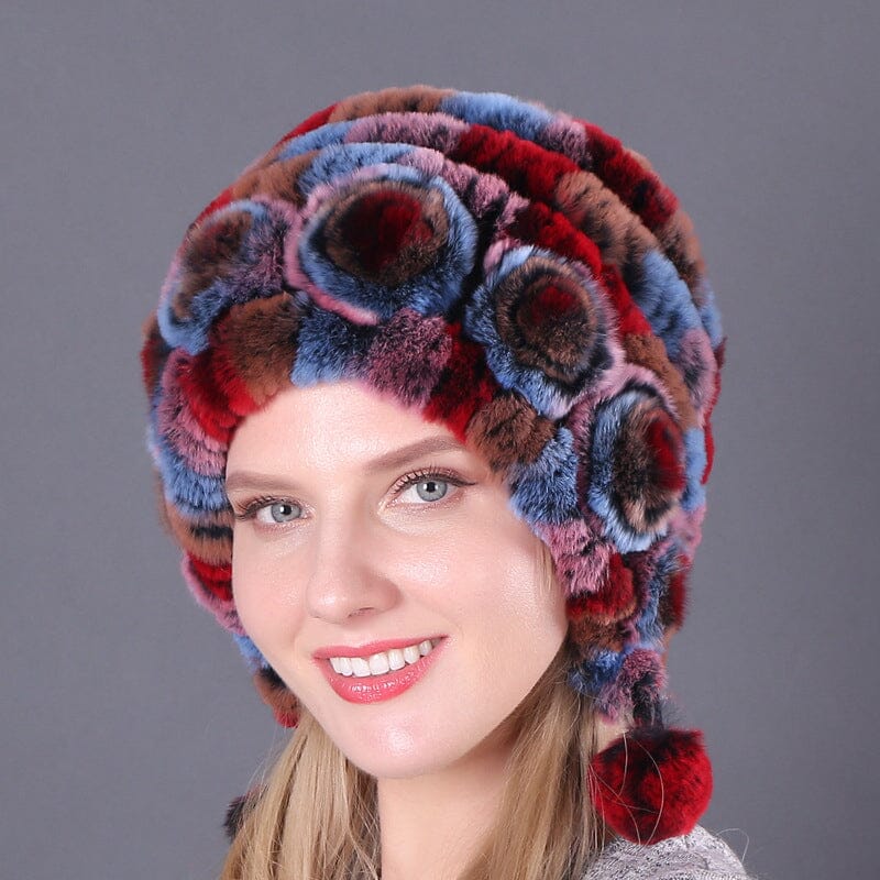 🎁Chapeaux en Vraie Fourrure de Lapin Rex Rayés à Fleurs Chaudes