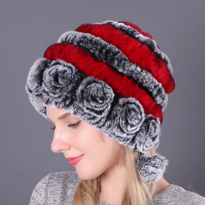 🎁Chapeaux en Vraie Fourrure de Lapin Rex Rayés à Fleurs Chaudes