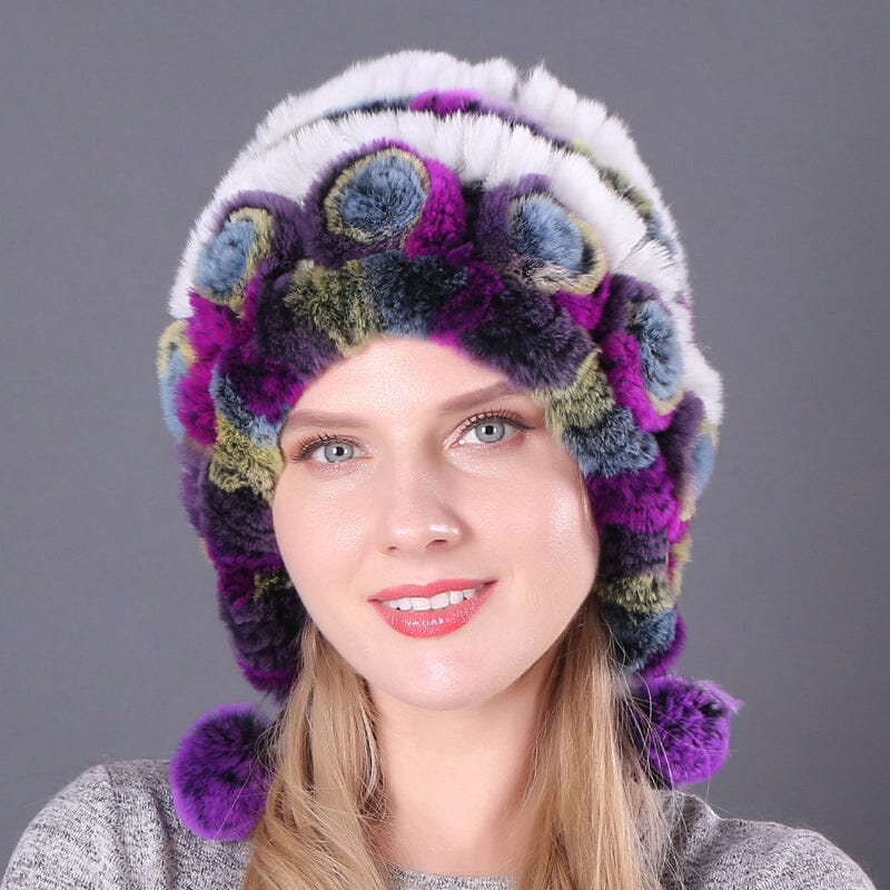 🎁Chapeaux en Vraie Fourrure de Lapin Rex Rayés à Fleurs Chaudes