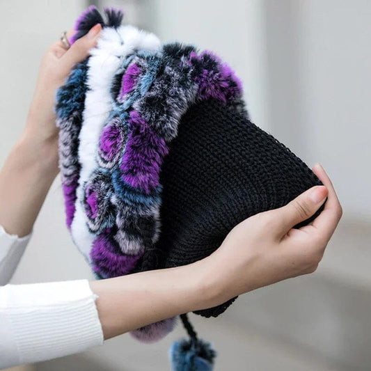 🎁Chapeaux en Vraie Fourrure de Lapin Rex Rayés à Fleurs Chaudes