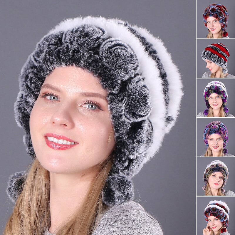 🎁Chapeaux en Vraie Fourrure de Lapin Rex Rayés à Fleurs Chaudes