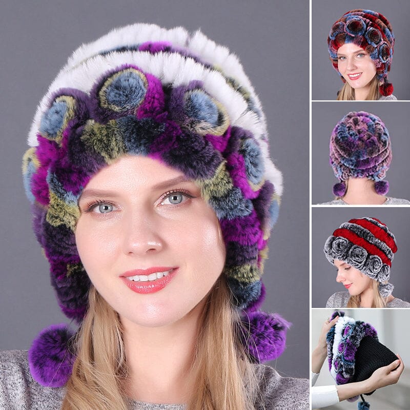 🎁Chapeaux en Vraie Fourrure de Lapin Rex Rayés à Fleurs Chaudes
