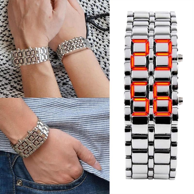 Montre-bracelet Numérique à LED en Acier Inoxydable Design Lave pour Hommes