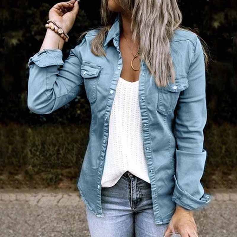 Veste en jean plissée à col à revers de couleur unie