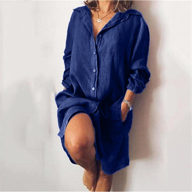 Robe Chemise Décontractée de Couleur Pure pour Femmes