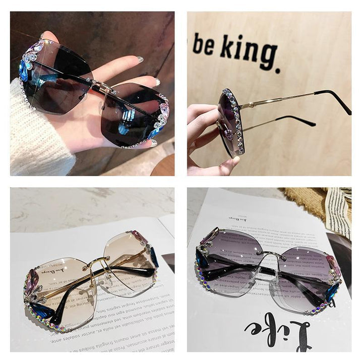 Lunettes de Soleil Vintage à la Mode en Strass sans Monture
