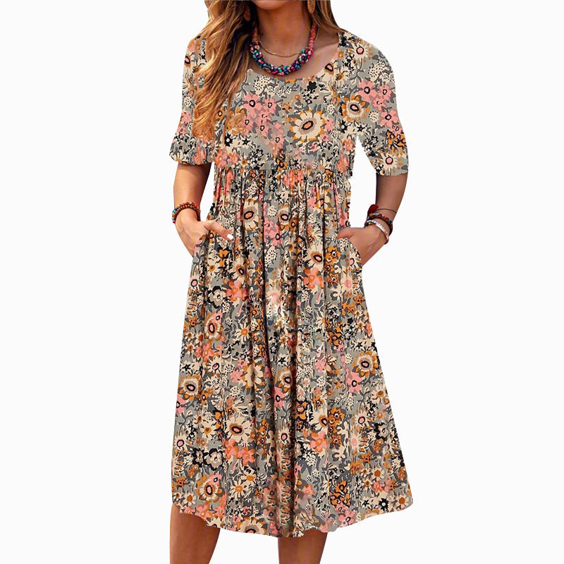 Robe Mi-longue à Encolure Dégagée et Imprimé Floral avec Poches