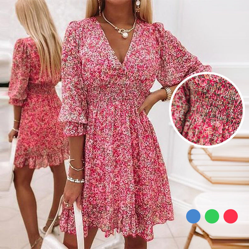 Robe Fleurie Taille Mi-haute à Manches Bouffantes Col en V
