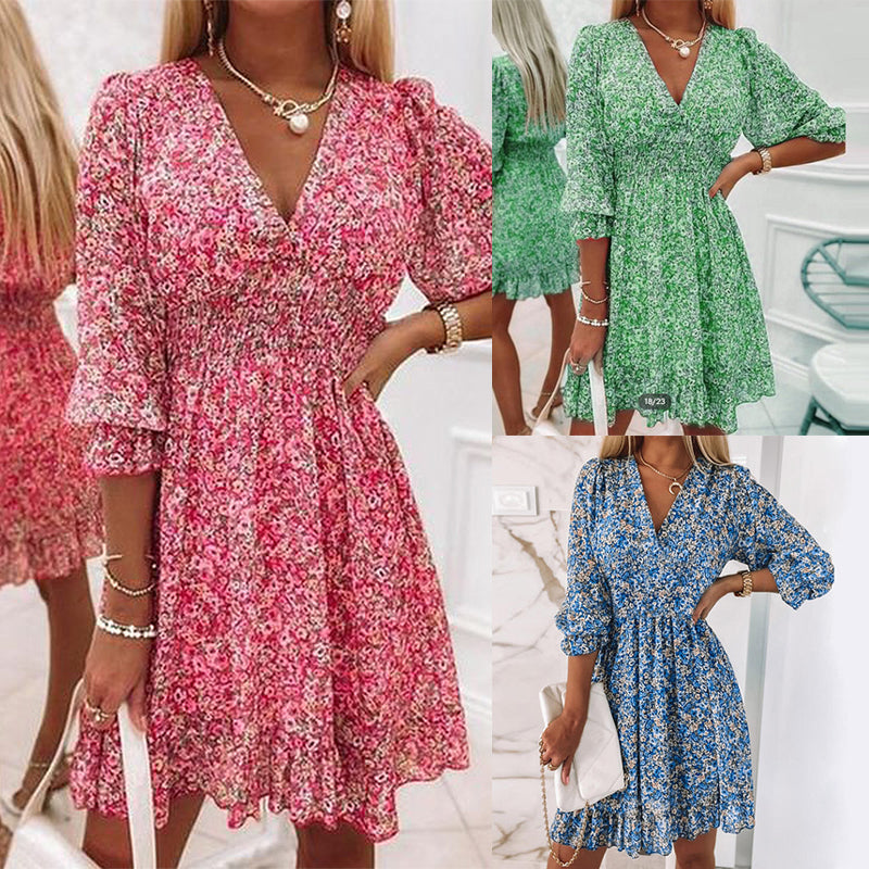 Robe Fleurie Taille Mi-haute à Manches Bouffantes Col en V