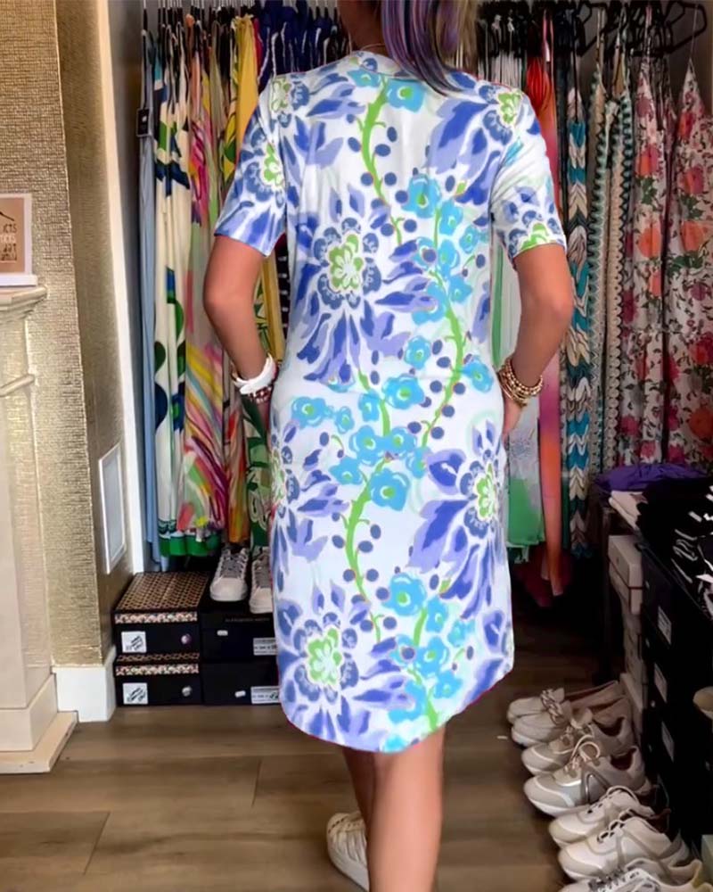 Robe à manches courtes, imprimé fleuri et col V
