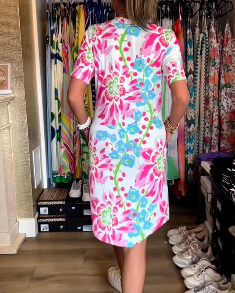 Robe à manches courtes, imprimé fleuri et col V
