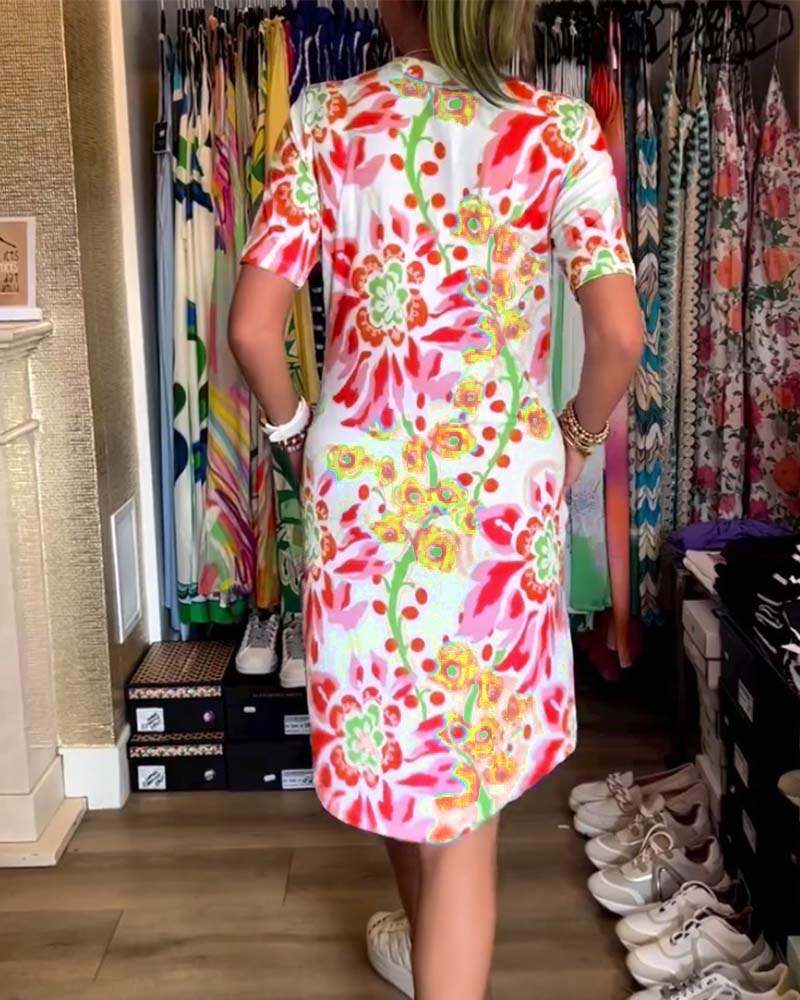 Robe à manches courtes, imprimé fleuri et col V