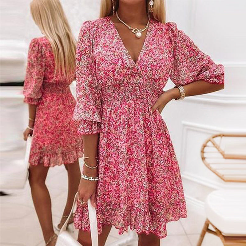Robe Fleurie Taille Mi-haute à Manches Bouffantes Col en V