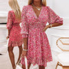 Robe Fleurie Taille Mi-haute à Manches Bouffantes Col en V