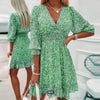 Robe Fleurie Taille Mi-haute à Manches Bouffantes Col en V