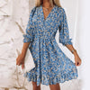Robe Fleurie Taille Mi-haute à Manches Bouffantes Col en V