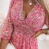 Robe Fleurie Taille Mi-haute à Manches Bouffantes Col en V