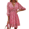 Robe Fleurie Taille Mi-haute à Manches Bouffantes Col en V