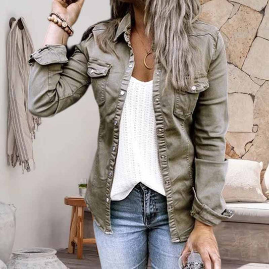 Veste en jean plissée à col à revers de couleur unie