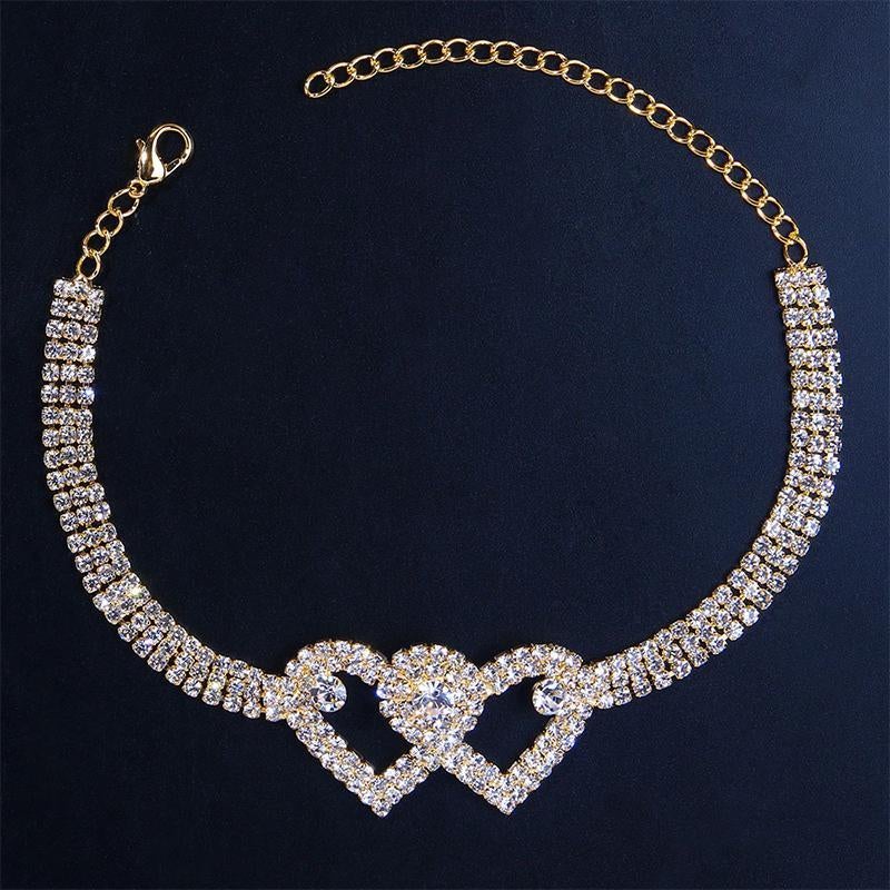 Bracelet de Cheville à Double Cœur en Strass