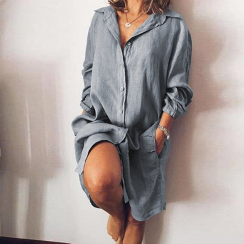 Robe Chemise Décontractée de Couleur Pure pour Femmes