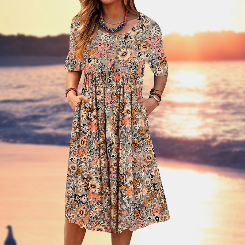 Robe Mi-longue à Encolure Dégagée et Imprimé Floral avec Poches
