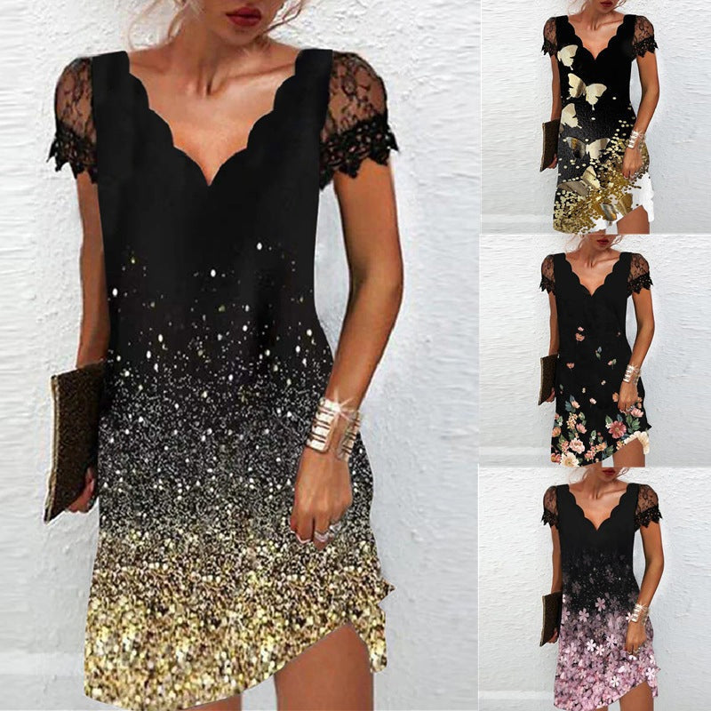 Robe Imprimée à Manches Courtes en Dentelle à Col en V pour Femmes
