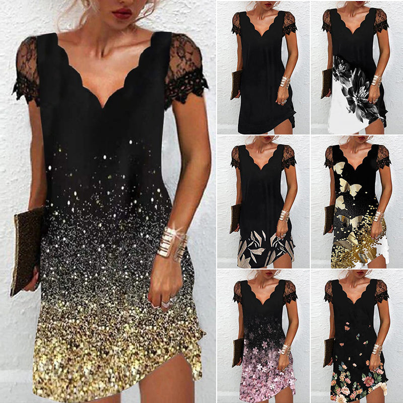 Robe Imprimée à Manches Courtes en Dentelle à Col en V pour Femmes