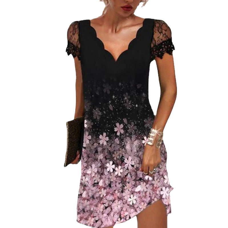 Robe Imprimée à Manches Courtes en Dentelle à Col en V pour Femmes