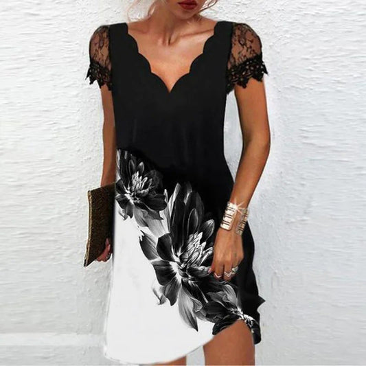 Robe Imprimée à Manches Courtes en Dentelle à Col en V pour Femmes