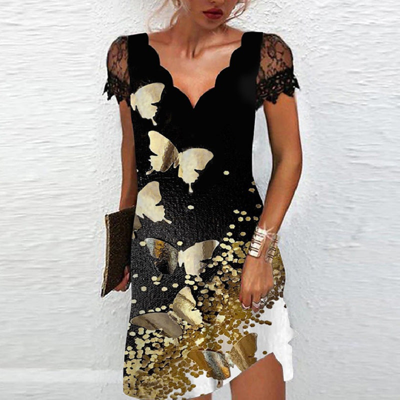 Robe Imprimée à Manches Courtes en Dentelle à Col en V pour Femmes