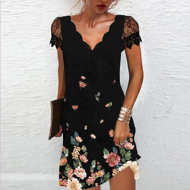 Robe Imprimée à Manches Courtes en Dentelle à Col en V pour Femmes