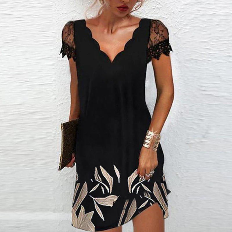 Robe Imprimée à Manches Courtes en Dentelle à Col en V pour Femmes