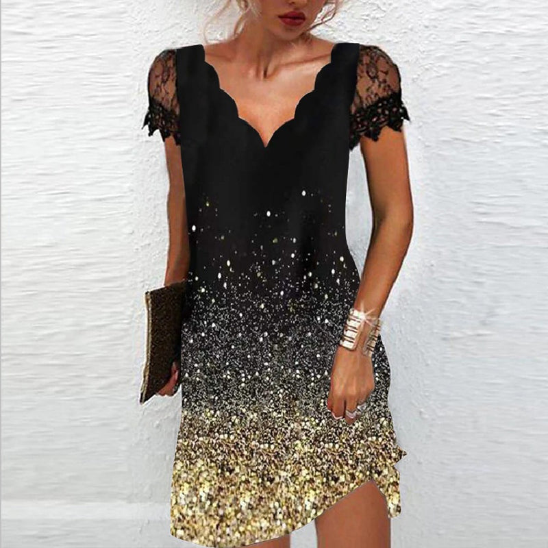 Robe Imprimée à Manches Courtes en Dentelle à Col en V pour Femmes