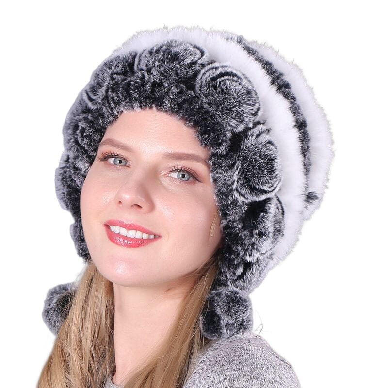 🎁Chapeaux en Vraie Fourrure de Lapin Rex Rayés à Fleurs Chaudes