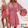 Robe Fleurie Taille Mi-haute à Manches Bouffantes Col en V