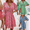 Robe Fleurie Taille Mi-haute à Manches Bouffantes Col en V